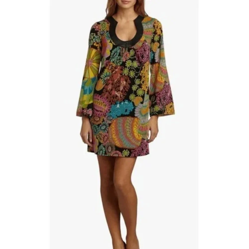 Trina Turk Silk Mini Dress Retro colorful print Bell Sleeve size 0 - Picture 10 of 11